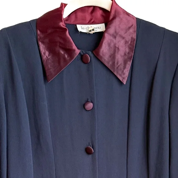 Vintage Le Chateau Navy Blue Mini Dress Satin Trim Pleated Coat Dress Size 7 - Picture 10 of 10